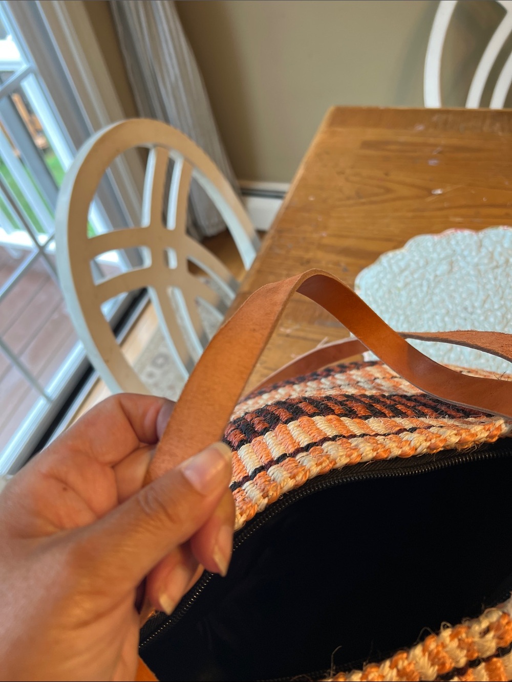 Woven Striped Tote Bag with Leather Straps - Peach & Cream and Black - Picture 3 of 5